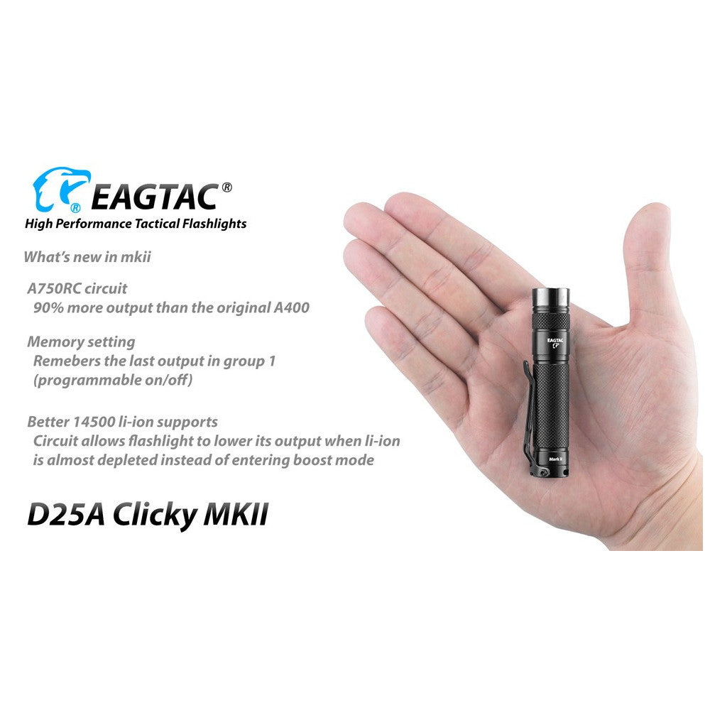 EagleTac D25A Clicky MKII 275 Lumen Nichia 219C 4000K CRI92 LED Flashlight - 69 Metres