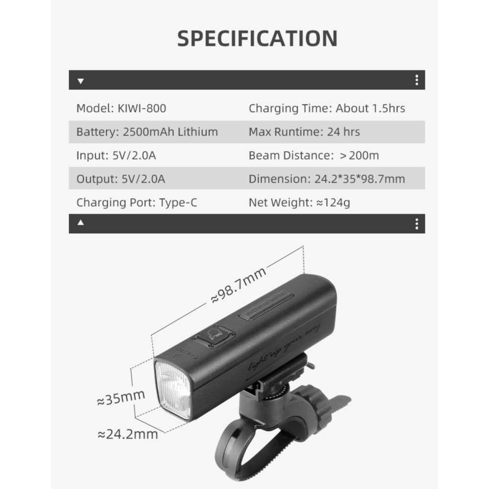 Gaciron KIWI-800 800 Lumen Rechargeable Anti-Glare Front Bike Light