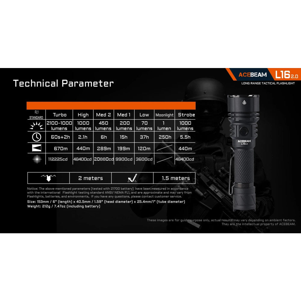 AceBeam L16 2.0 2100 Lumen Rechargeable Compact Tactical Flashlight - 670 Metres