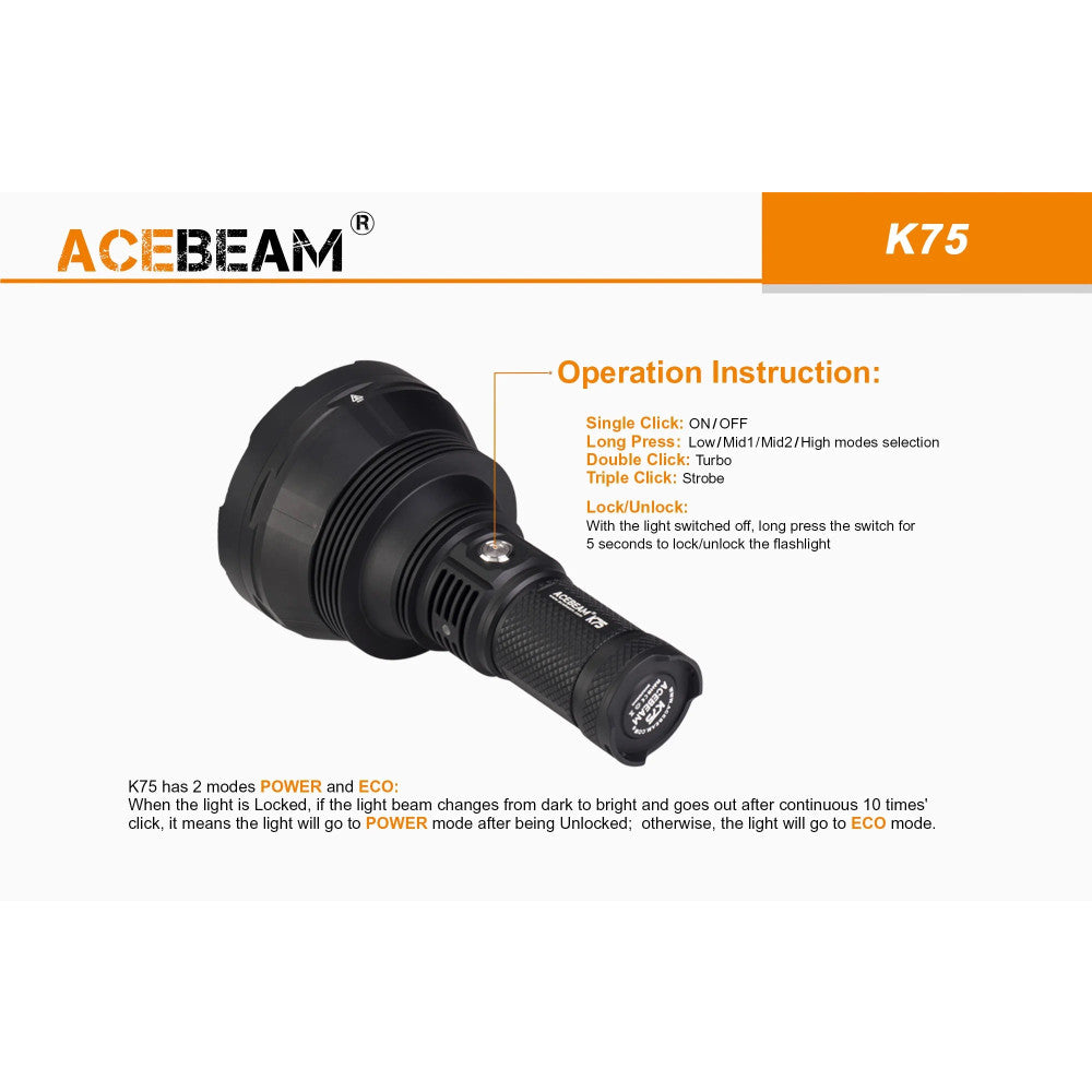 AceBeam K75 2.0 6300 Lumen Long Throw Searchlight - 2500 Metres