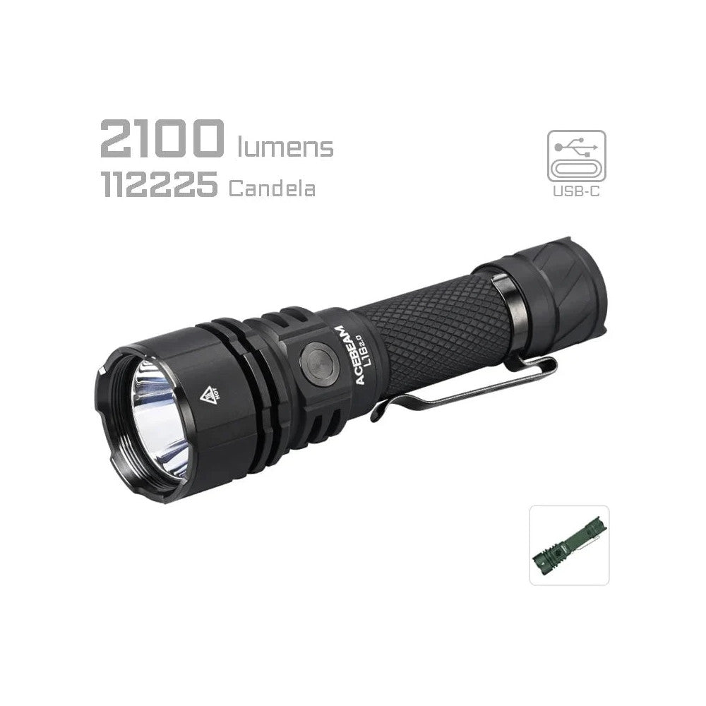 AceBeam L16 2.0 2100 Lumen Rechargeable Compact Tactical Flashlight - 670 Metres