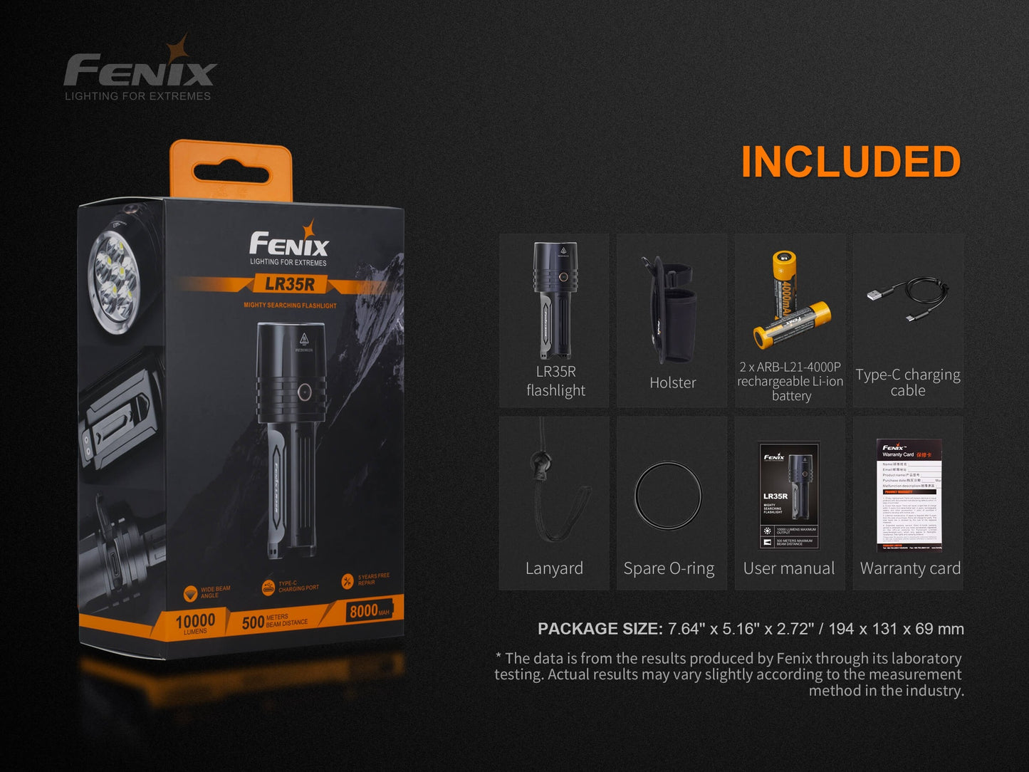 Fenix LR35R 10,000 Lumen Compact USB-C Rechargeable Searchlight - 500 Metres