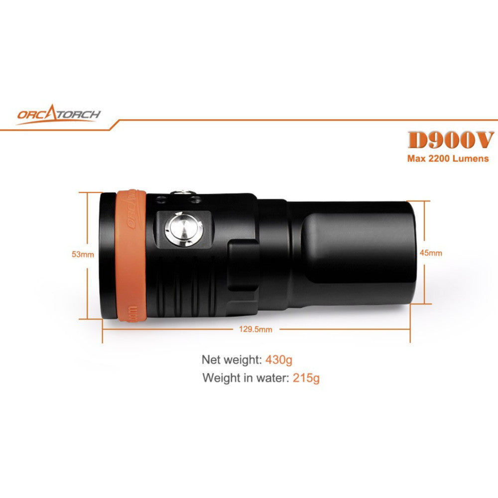 OrcaTorch D900V 2200 Lumen Rechargeable Video Diving Light with Four Colour Outputs - 230 Metres