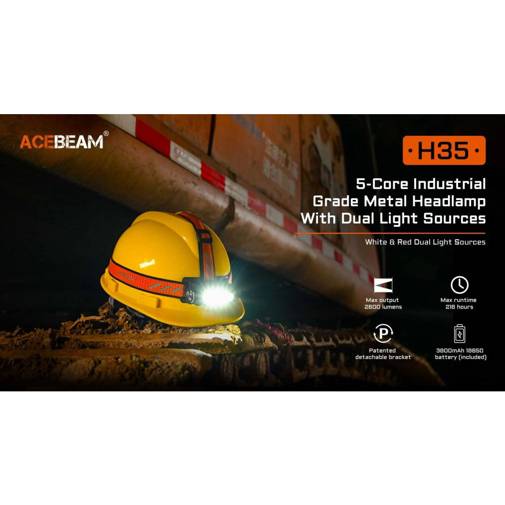 AceBeam H35 2600 Lumen Rechargeable 5-Core Industrial Grade Headlamp with Dual Light Sources - 170 Metres