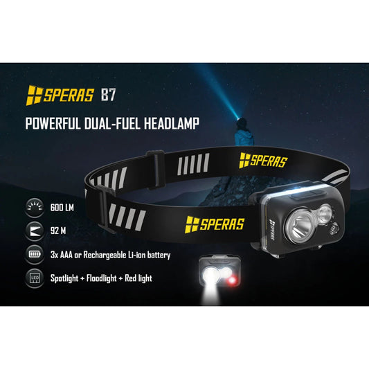 SPERAS B7 600 Lumen Dual-Fuel Lightweight Headlamp with Red Light - 92m