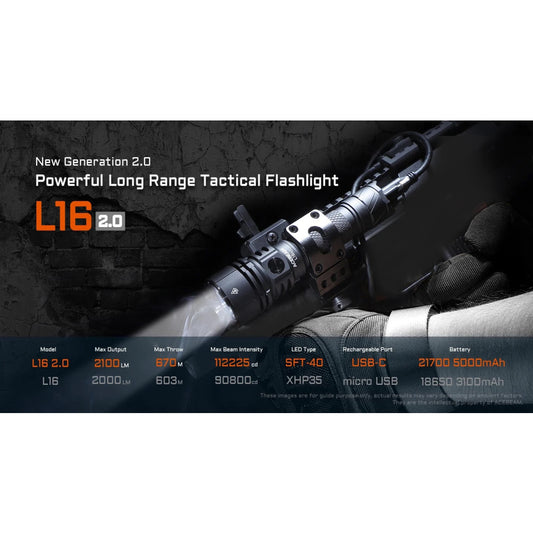 AceBeam L16 2.0 2100 Lumen Rechargeable Compact Tactical Flashlight - 670 Metres