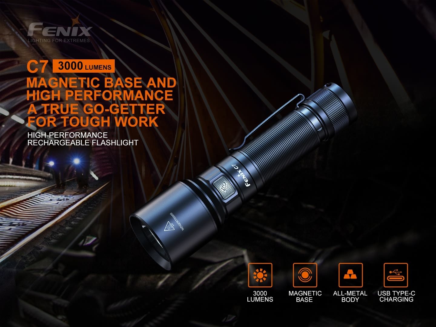 Fenix C7 3000 Lumen Rechargeable High Performance Flashlight with Magnetic Base - 470 Metres