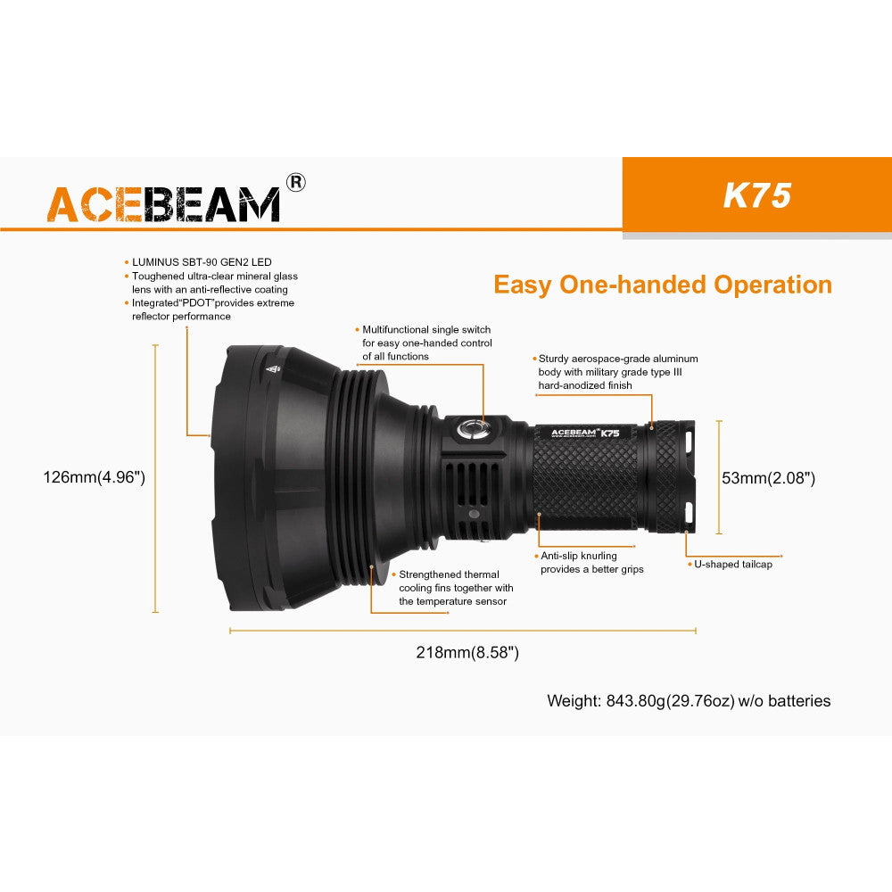 AceBeam K75 2.0 6300 Lumen Long Throw Searchlight - 2500 Metres