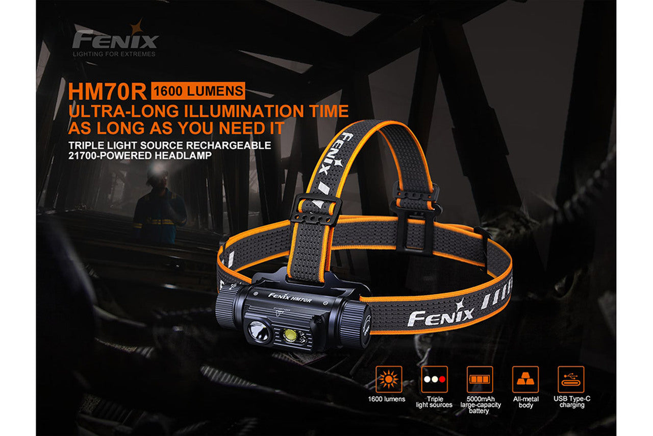 Fenix HM70R 1600 Lumen USB-C Rechargeable Headlamp with Red Light - 186 Metres