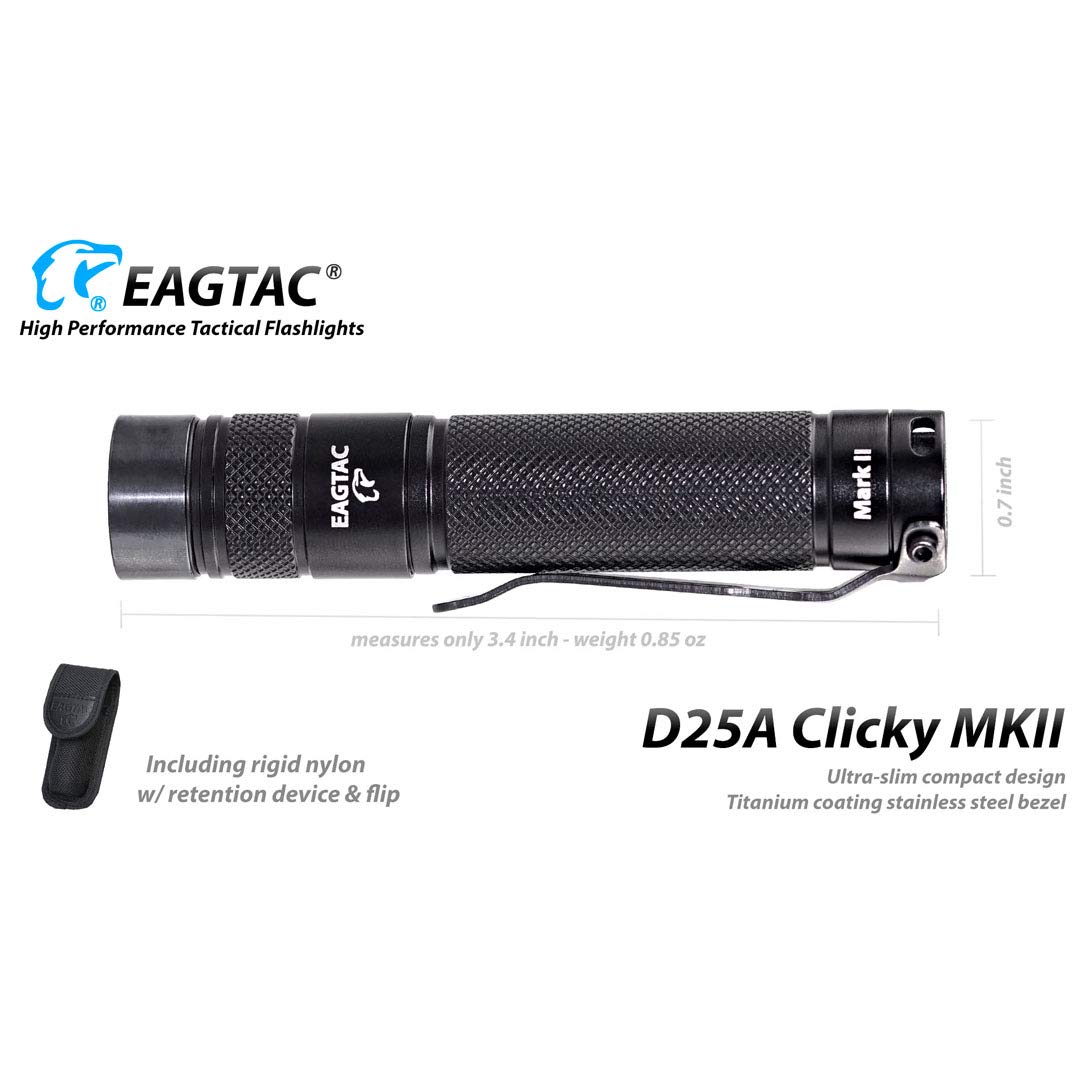 EagleTac D25A Clicky MKII 275 Lumen Nichia 219C 4000K CRI92 LED Flashlight - 69 Metres