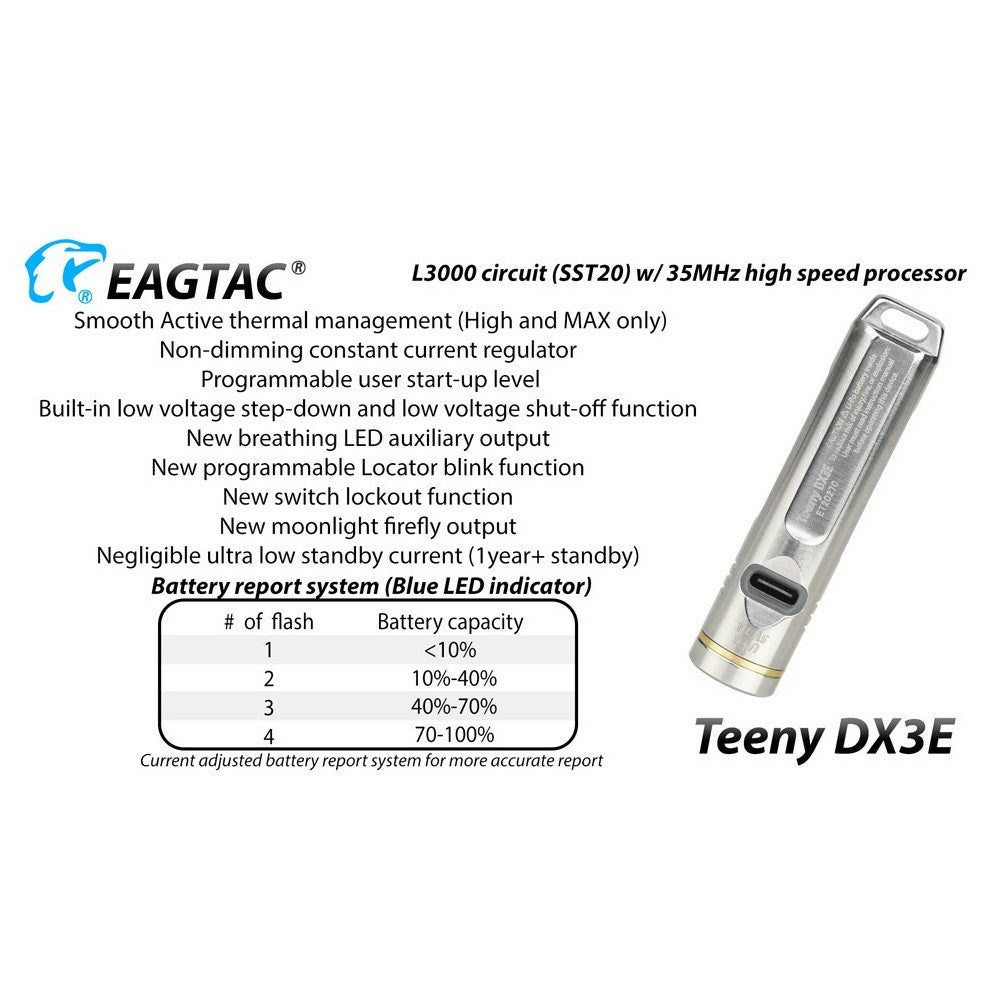 EagleTac Teeny DX3E SS 1000 Lumen Rechargeable Keyring Flashlight - 105 Metres