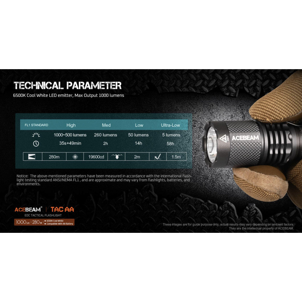 AceBeam TAC AA 1000 Lumen Pocket Flashlight - 280 Metres