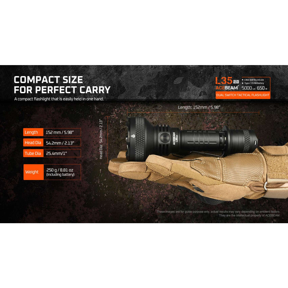 AceBeam L35 2.0 5000 Lumen High Output Compact Flashlight - 650 Metres