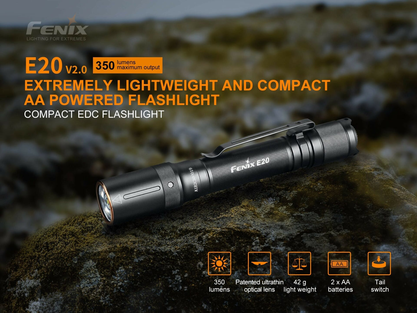 Fenix E20 V2.0 350 Lumen Compact 2AA Flashlight