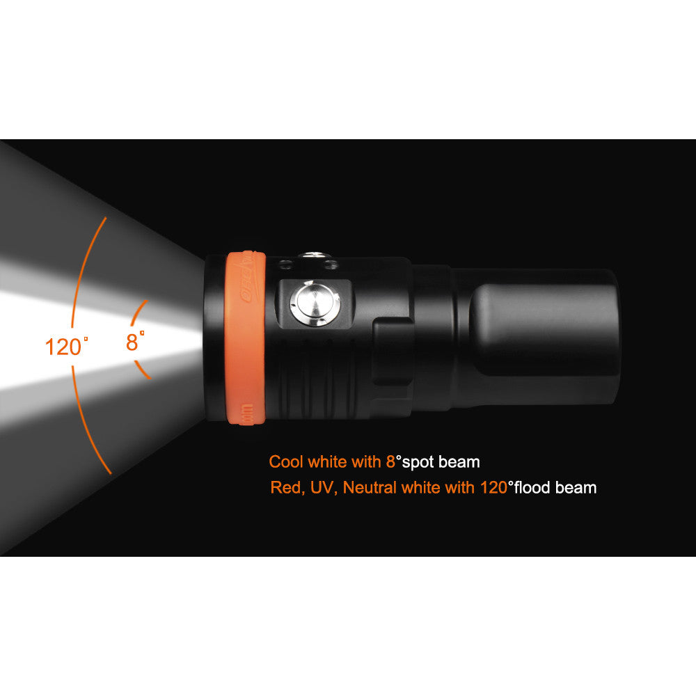 OrcaTorch D900V 2200 Lumen Rechargeable Video Diving Light with Four Colour Outputs - 230 Metres