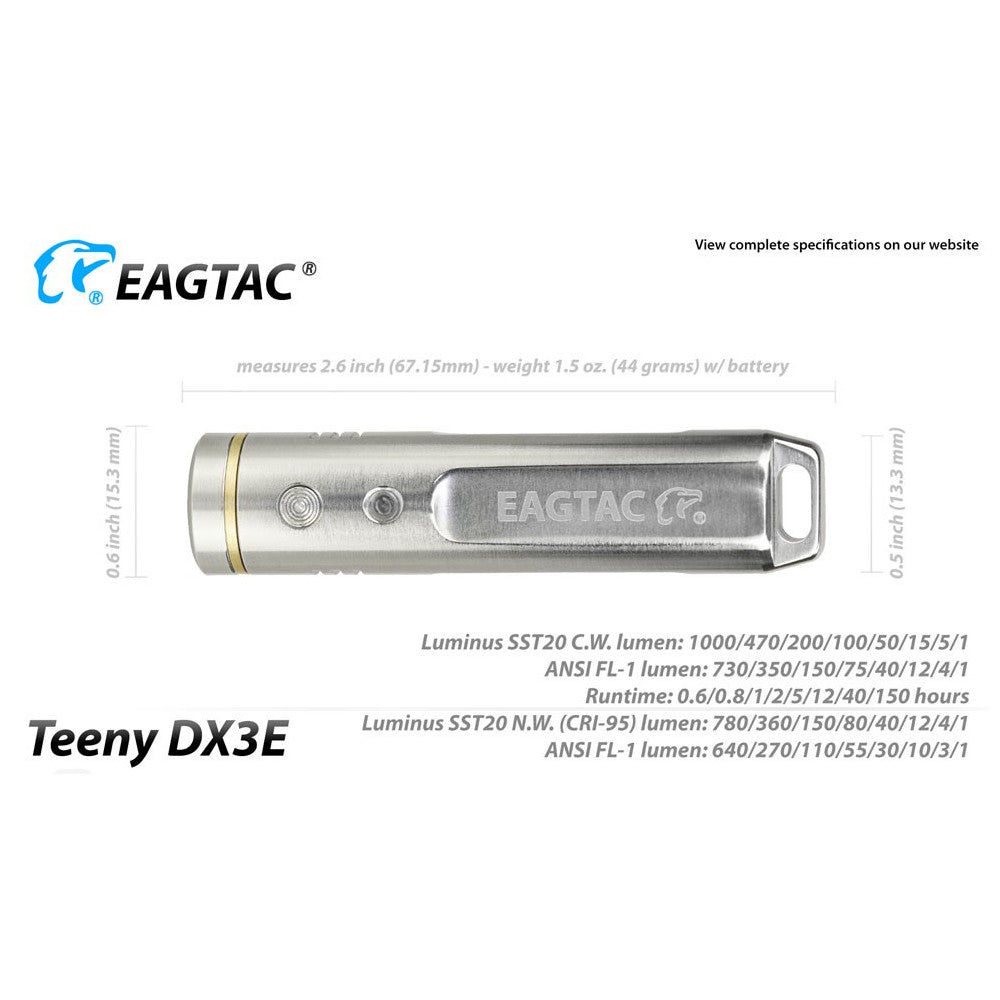 EagleTac Teeny DX3E SS 1000 Lumen Rechargeable Keyring Flashlight - 105 Metres