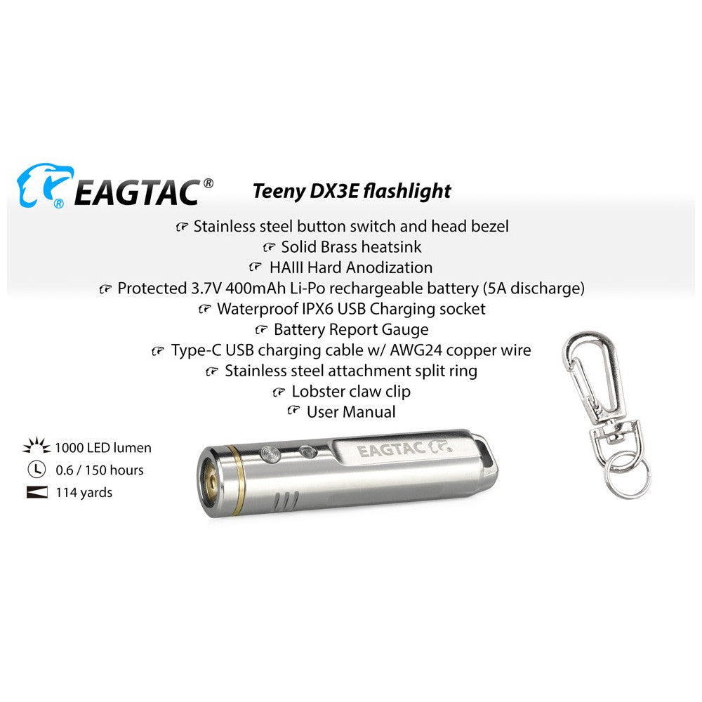 EagleTac Teeny DX3E SS 1000 Lumen Rechargeable Keyring Flashlight - 105 Metres