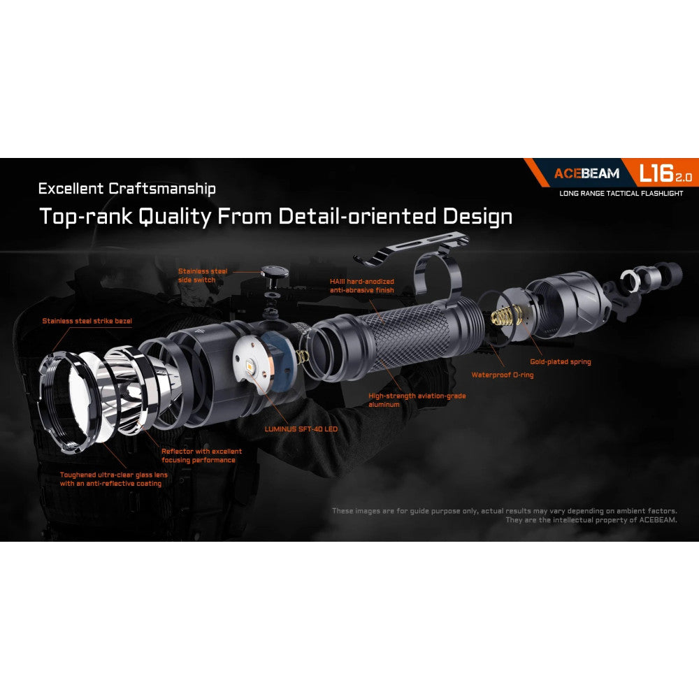 AceBeam L16 2.0 2100 Lumen Rechargeable Compact Tactical Flashlight - 670 Metres