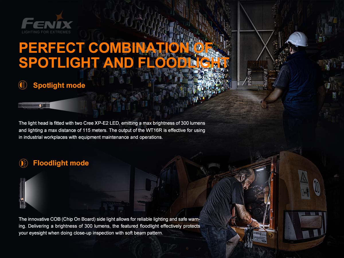 Fenix WT16R 300 Lumen Rechargeable and Magnetic Spot/Flood Work Light